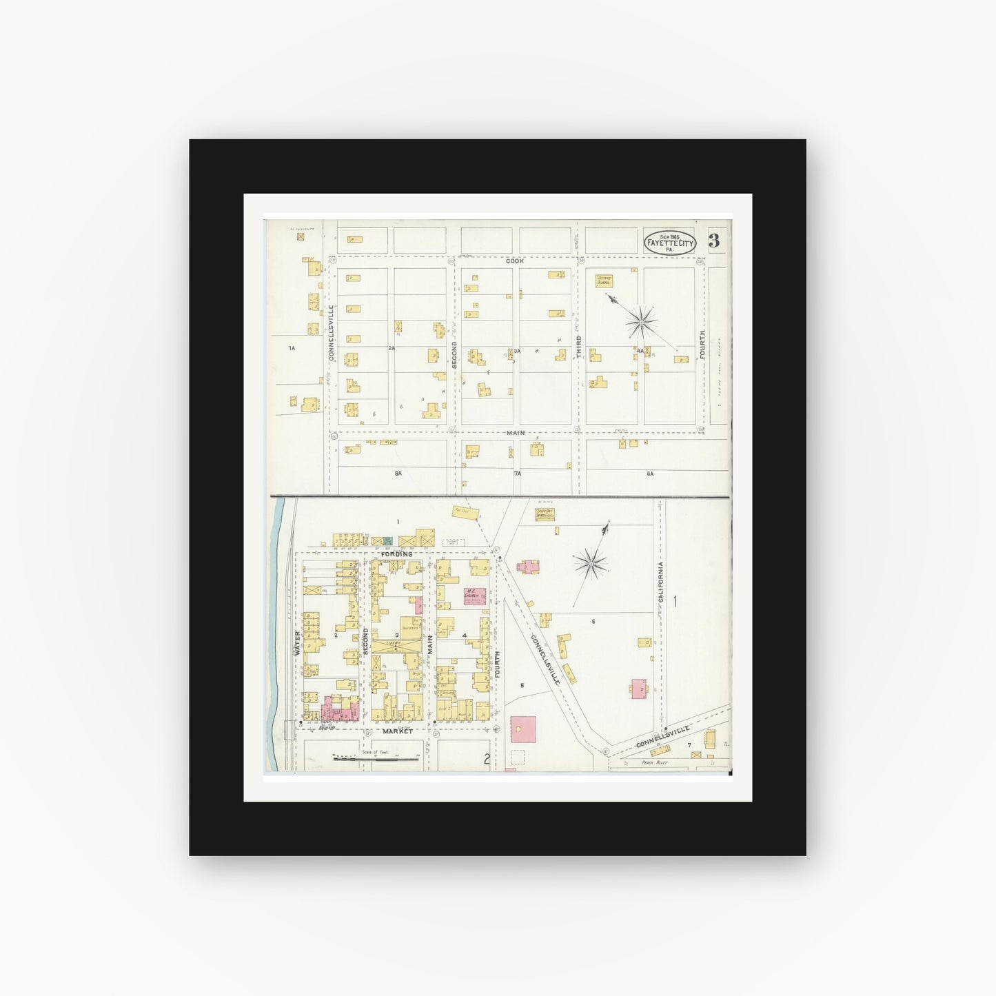Old map wall art mockup — black gallery frame with white mat — Sanborn Fire Insurance Map from Fayette City, Fayette County, Pennsylvania (1905), Sheet #0003