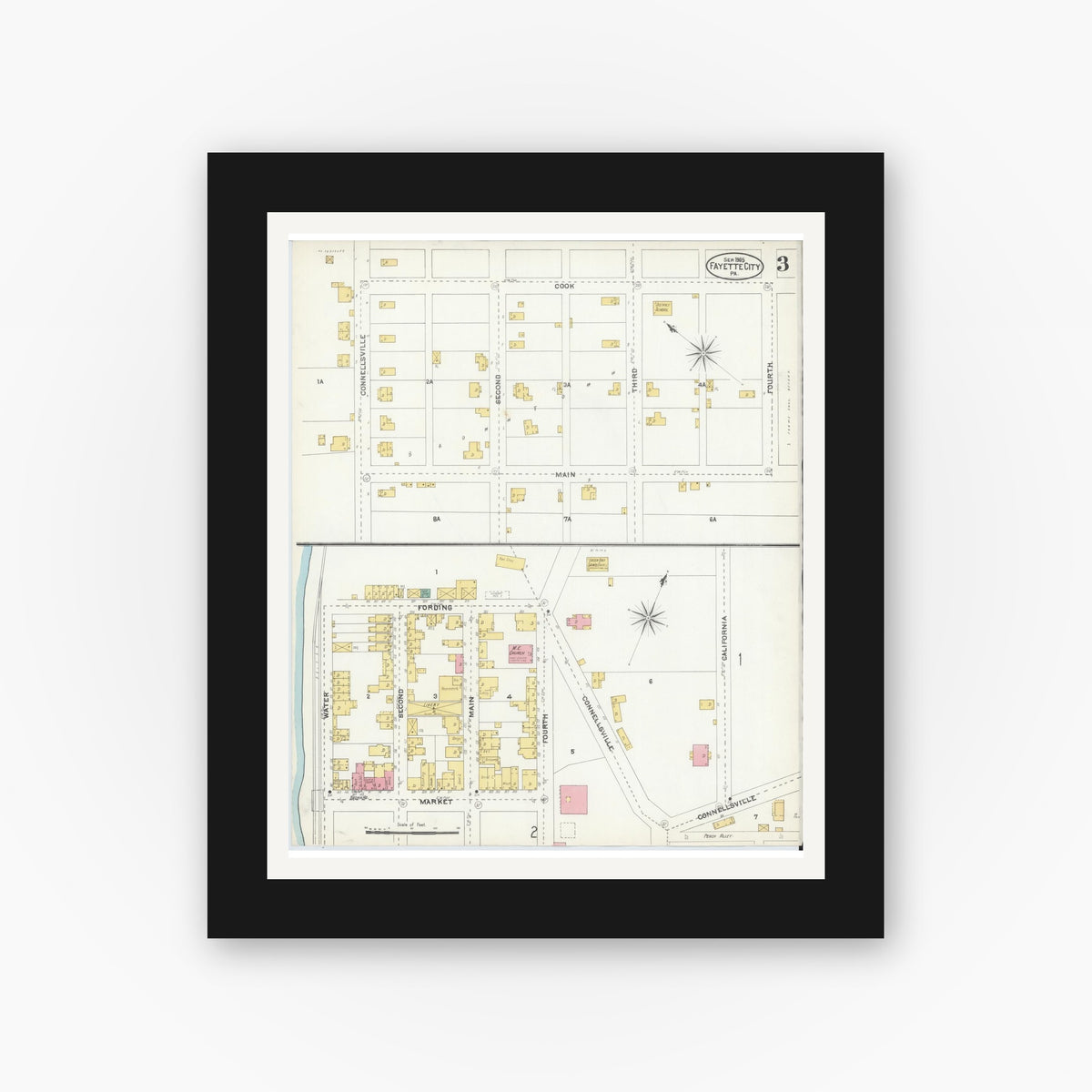 Old map wall art mockup — black gallery frame with white mat — Sanborn Fire Insurance Map from Fayette City, Fayette County, Pennsylvania (1905), Sheet #0003