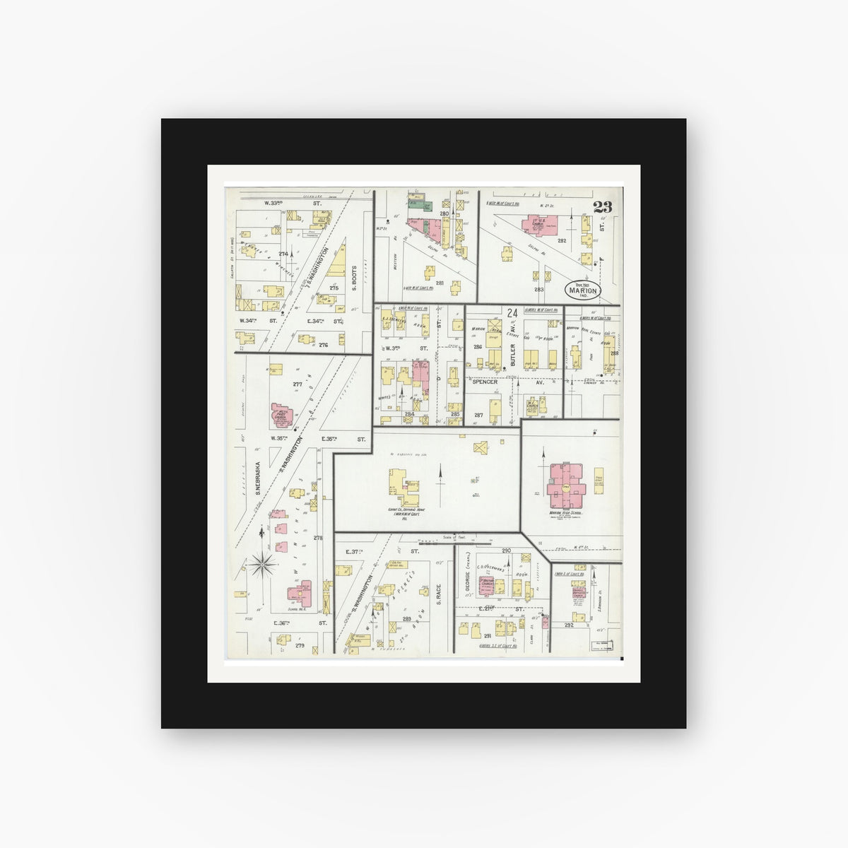 Old map wall art mockup — black gallery frame with white mat — Sanborn Fire Insurance Map from Marion, Grant County, Indiana (1901), Sheet #0023