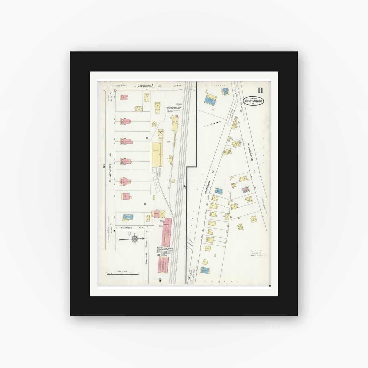 Old map wall art mockup — black gallery frame with white mat — Sanborn Fire Insurance Map from Wayne, Delaware County, Pennsylvania (1914), Sheet #0011