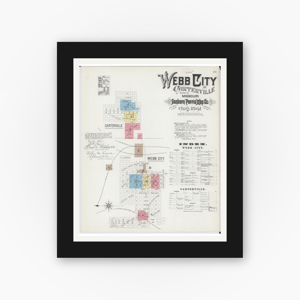 Old map wall art mockup — black gallery frame with white mat — Sanborn Fire Insurance Map from Webb City, Jasper County, Missouri (1891) - Complete Map Set