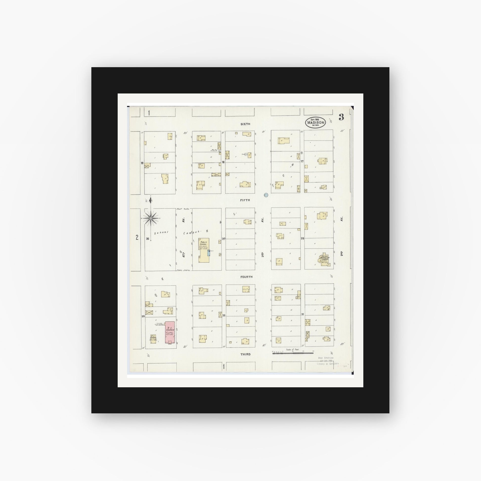 Old map wall art mockup — black gallery frame with white mat — Sanborn Fire Insurance Map from Madison, Lac Qui Parle County, Minnesota (1906), Sheet #0003