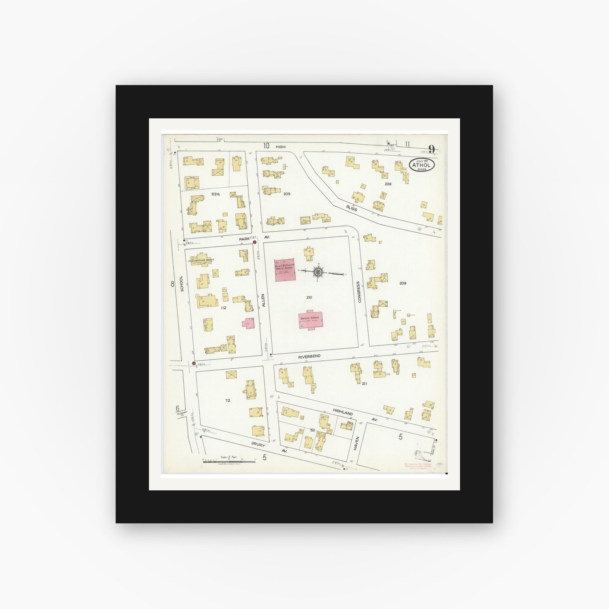 Old map wall art mockup — black gallery frame with white mat — Sanborn Fire Insurance Map from Athol, Worcester County, Massachusetts (1917), Sheet #0009
