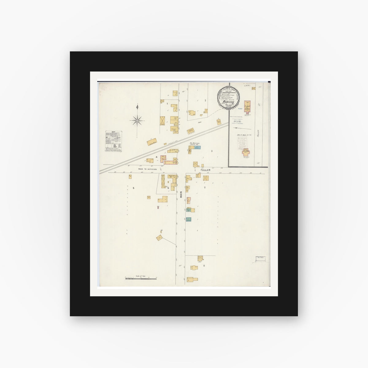Old map wall art mockup — black gallery frame with white mat — Sanborn Fire Insurance Map from Rubicon, Dodge County, Wisconsin (1900), Sheet #0001