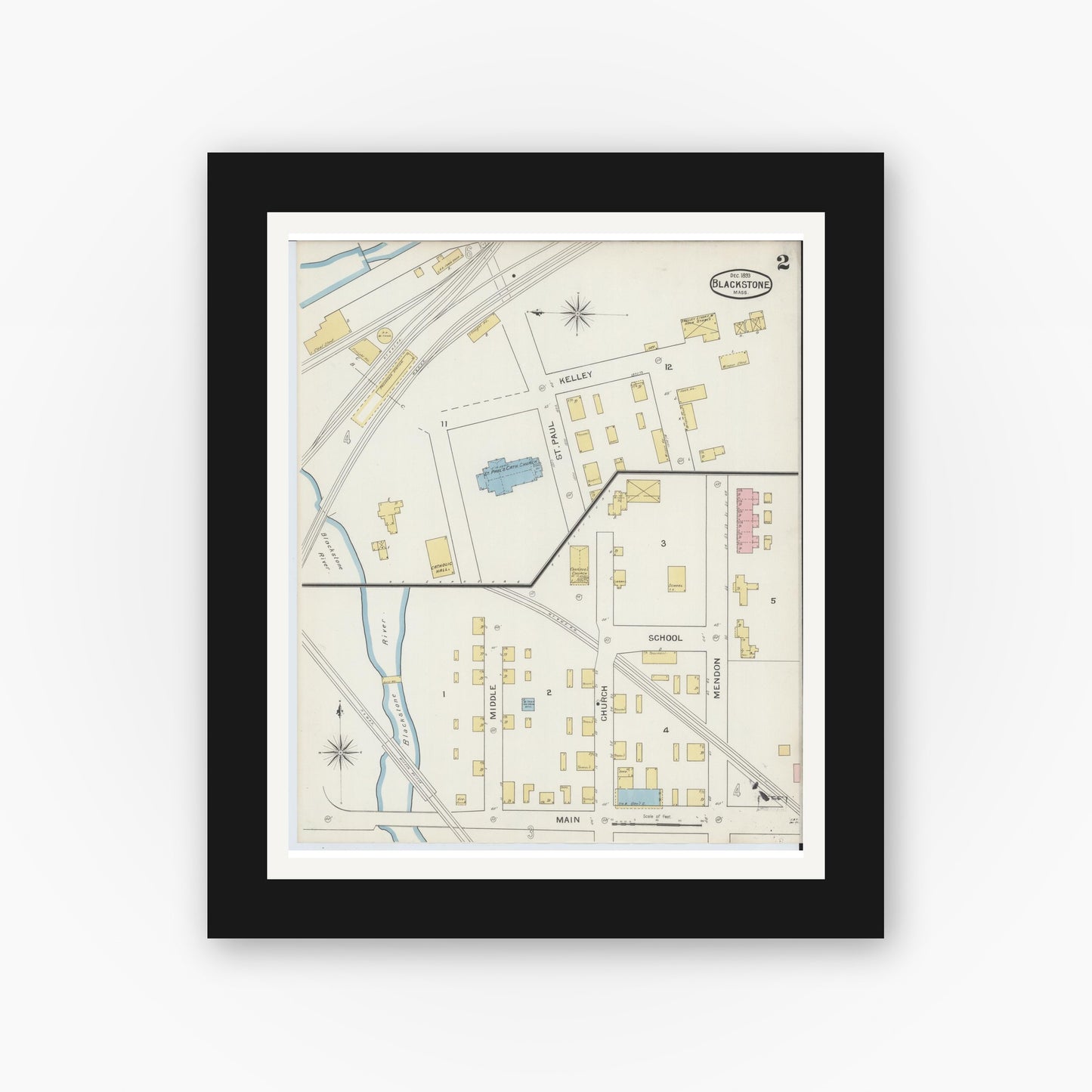 Old map wall art mockup — black gallery frame with white mat — Sanborn Fire Insurance Map from Blackstone, Worcester County, Massachusetts (1893), Sheet #0002
