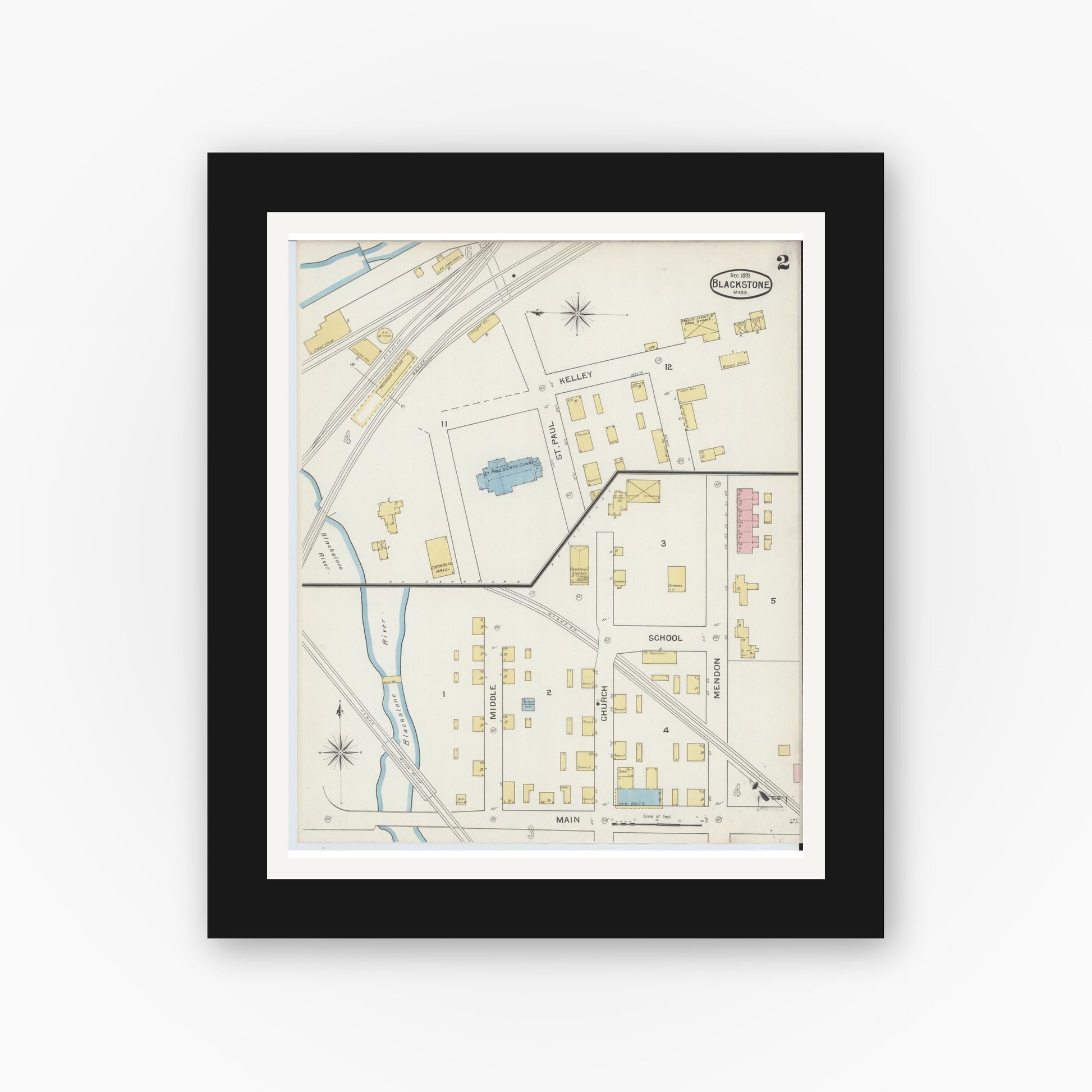 Old map wall art mockup — black gallery frame with white mat — Sanborn Fire Insurance Map from Blackstone, Worcester County, Massachusetts (1893), Sheet #0002