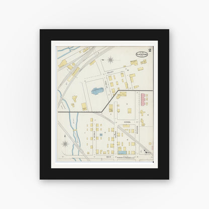Old map wall art mockup — black gallery frame with white mat — Sanborn Fire Insurance Map from Blackstone, Worcester County, Massachusetts (1893), Sheet #0002