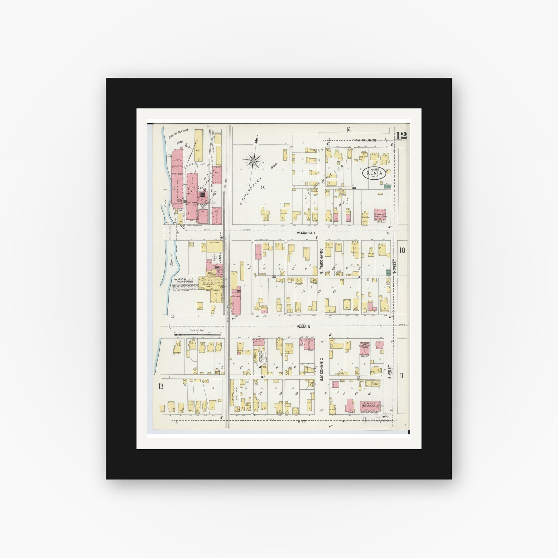 Old map wall art mockup — black gallery frame with white mat — Sanborn Fire Insurance Map from Xenia, Greene County, Ohio (1901), Sheet #0012