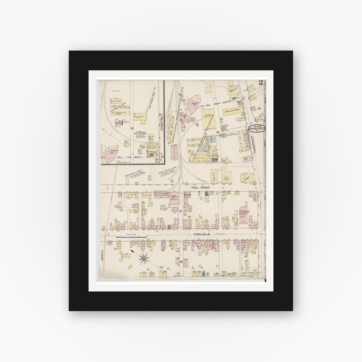 Old map wall art mockup — black gallery frame with white mat — Sanborn Fire Insurance Map from Hanover, York County, Pennsylvania (1886), Sheet #0002