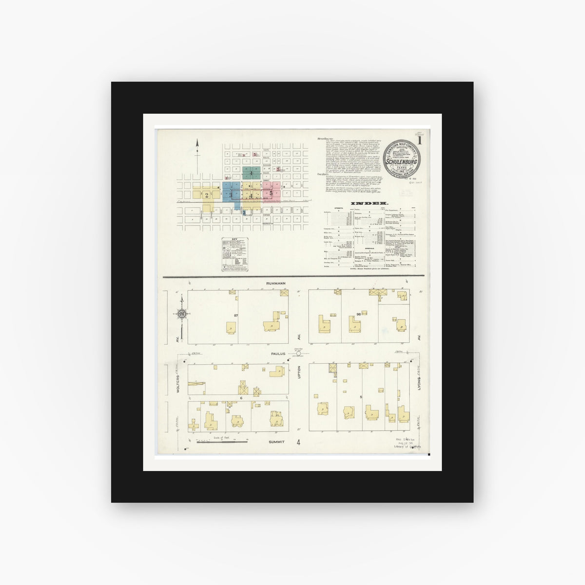 Old map wall art mockup — black gallery frame with white mat — Sanborn Fire Insurance Map from Schulenburg, Fayette County, Texas (1912), Sheet #0001