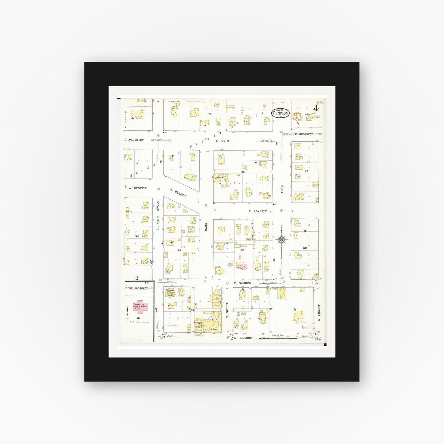 Old map wall art mockup — black gallery frame with white mat — Sanborn Fire Insurance Map from Denison, Crawford County, Iowa (1913), Sheet #0004