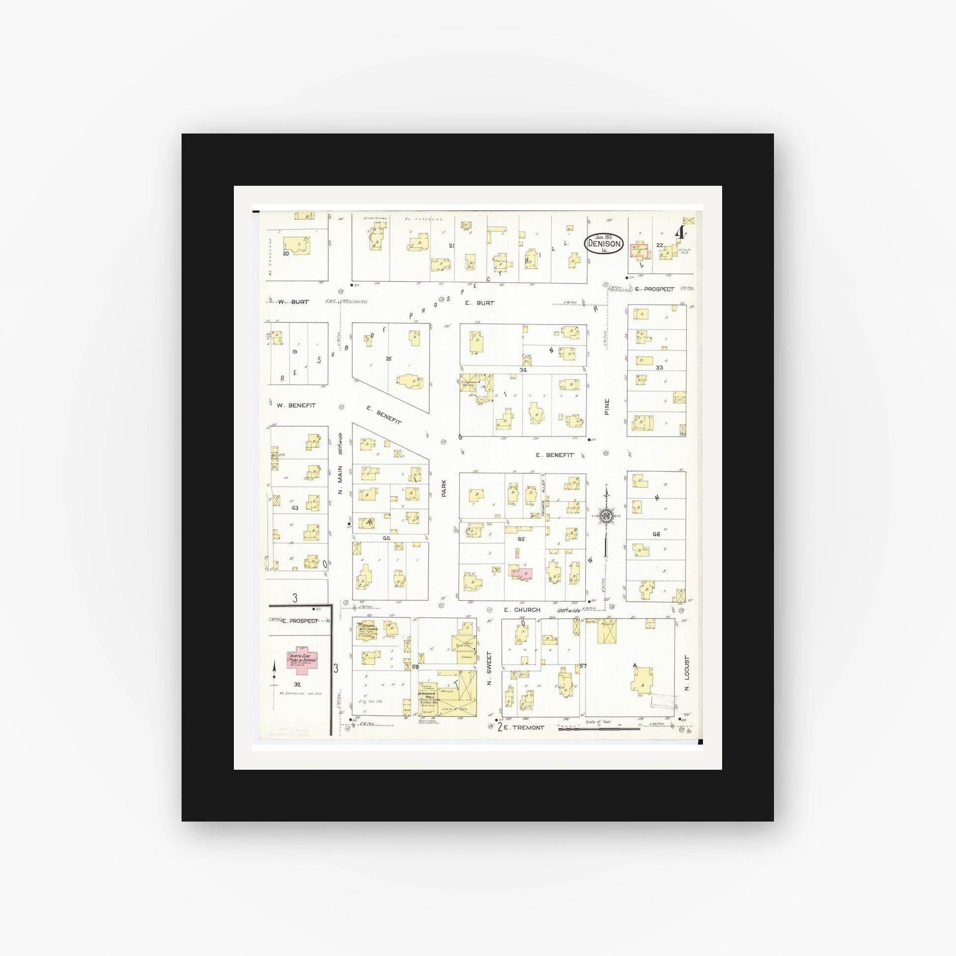 Old map wall art mockup — black gallery frame with white mat — Sanborn Fire Insurance Map from Denison, Crawford County, Iowa (1913), Sheet #0004