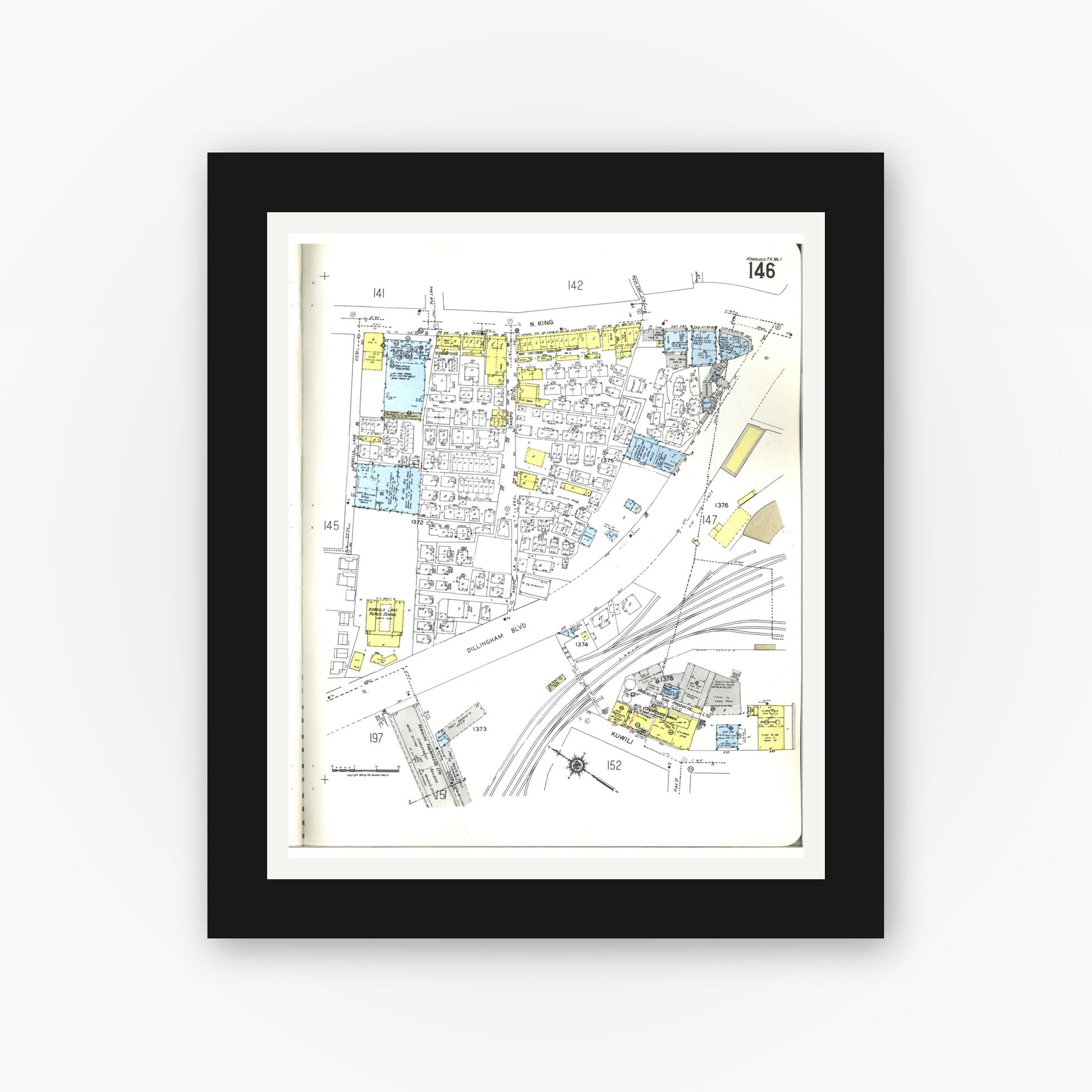 Old map wall art mockup — black gallery frame with white mat — Sanborn Fire Insurance Map from Honolulu, Oahu County, Hawaii (1955), Sheet #0146