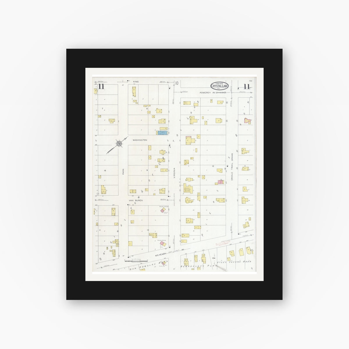 Old map wall art mockup — black gallery frame with white mat — Sanborn Fire Insurance Map from Crystal Lake, McHenry County, Illinois (1929), Sheet #0011
