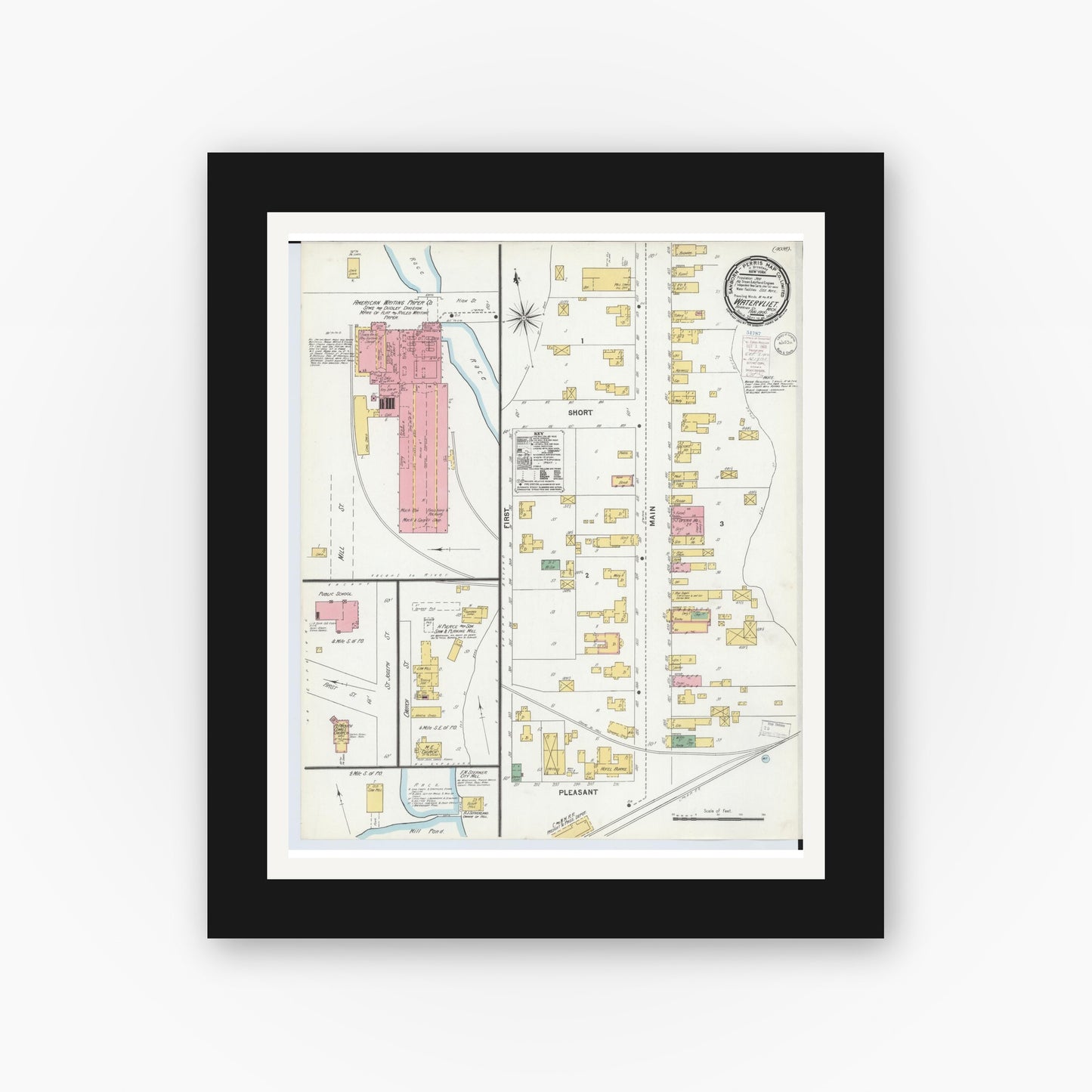 Old map wall art mockup — black gallery frame with white mat — Sanborn Fire Insurance Map from Watervliet, Berrien County, Michigan (1900), Sheet #0001