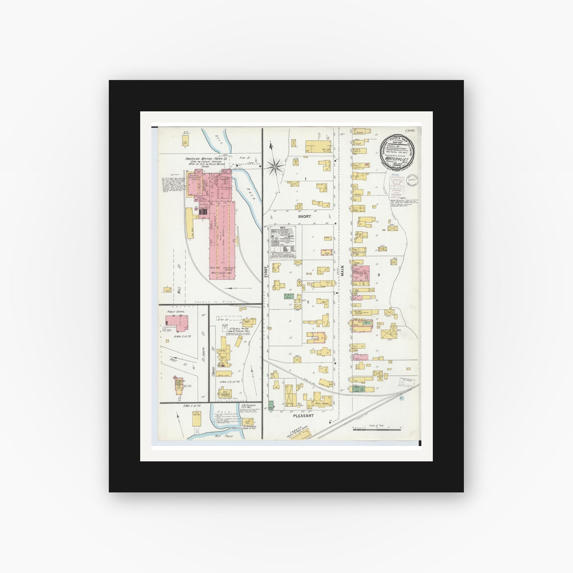 Old map wall art mockup — black gallery frame with white mat — Sanborn Fire Insurance Map from Watervliet, Berrien County, Michigan (1900), Sheet #0001