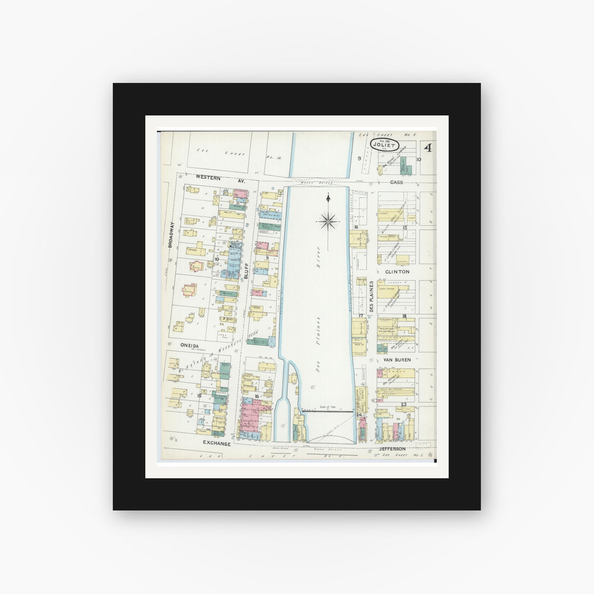 Old map wall art mockup — black gallery frame with white mat — Sanborn Fire Insurance Map from Joliet, Will County, Illinois (1891), Sheet #0004