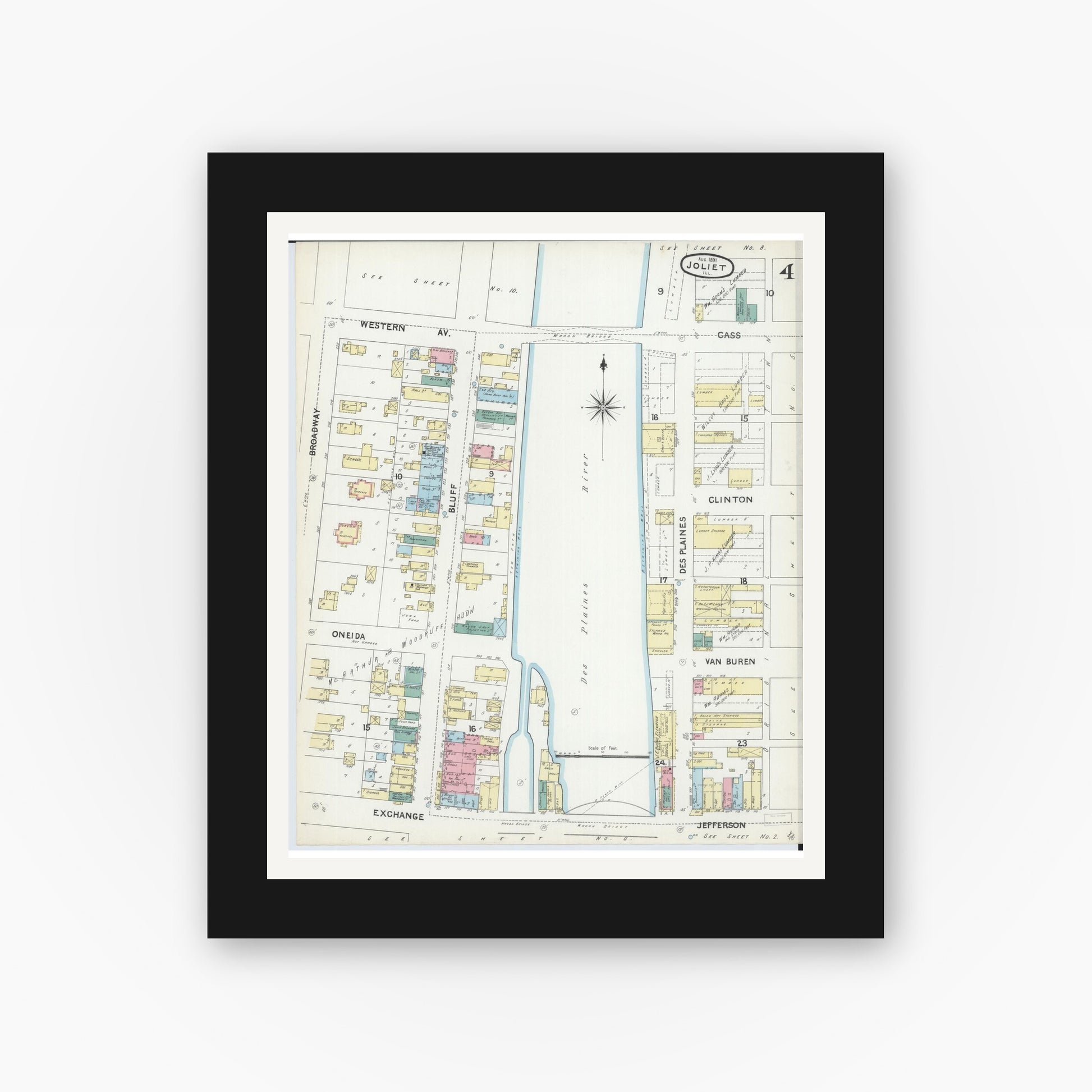 Old map wall art mockup — black gallery frame with white mat — Sanborn Fire Insurance Map from Joliet, Will County, Illinois (1891), Sheet #0004