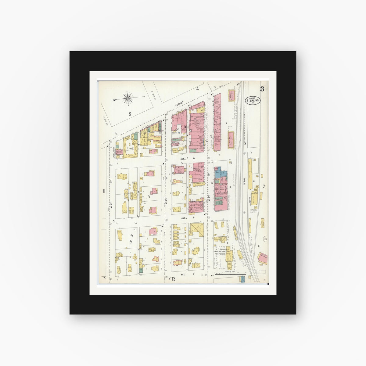 Old map wall art mockup — black gallery frame with white mat — Sanborn Fire Insurance Map from Sterling, Whiteside County, Illinois (1903), Sheet #0003