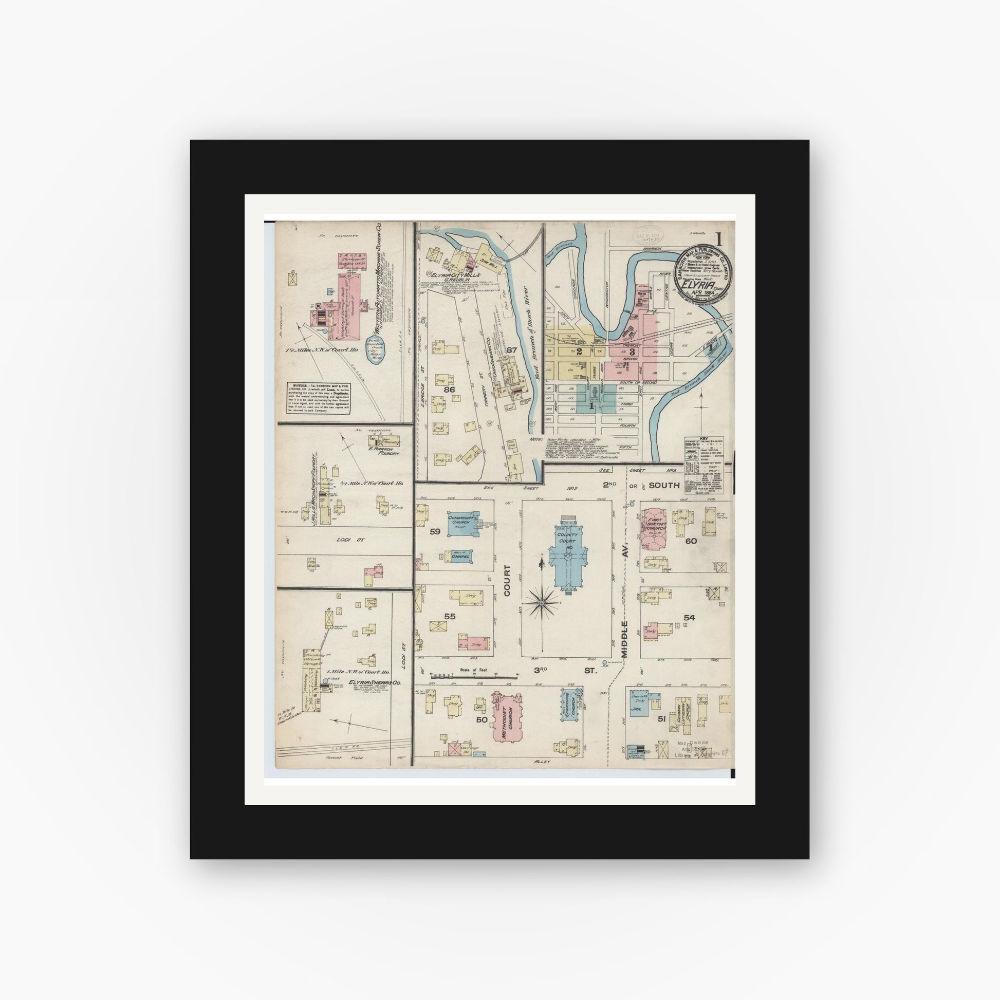 Old map wall art mockup — black gallery frame with white mat — Sanborn Fire Insurance Map from Elyria, Lorain County, Ohio (1884), Sheet #0001
