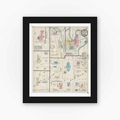 Old map wall art mockup — black gallery frame with white mat — Sanborn Fire Insurance Map from Elyria, Lorain County, Ohio (1884), Sheet #0001