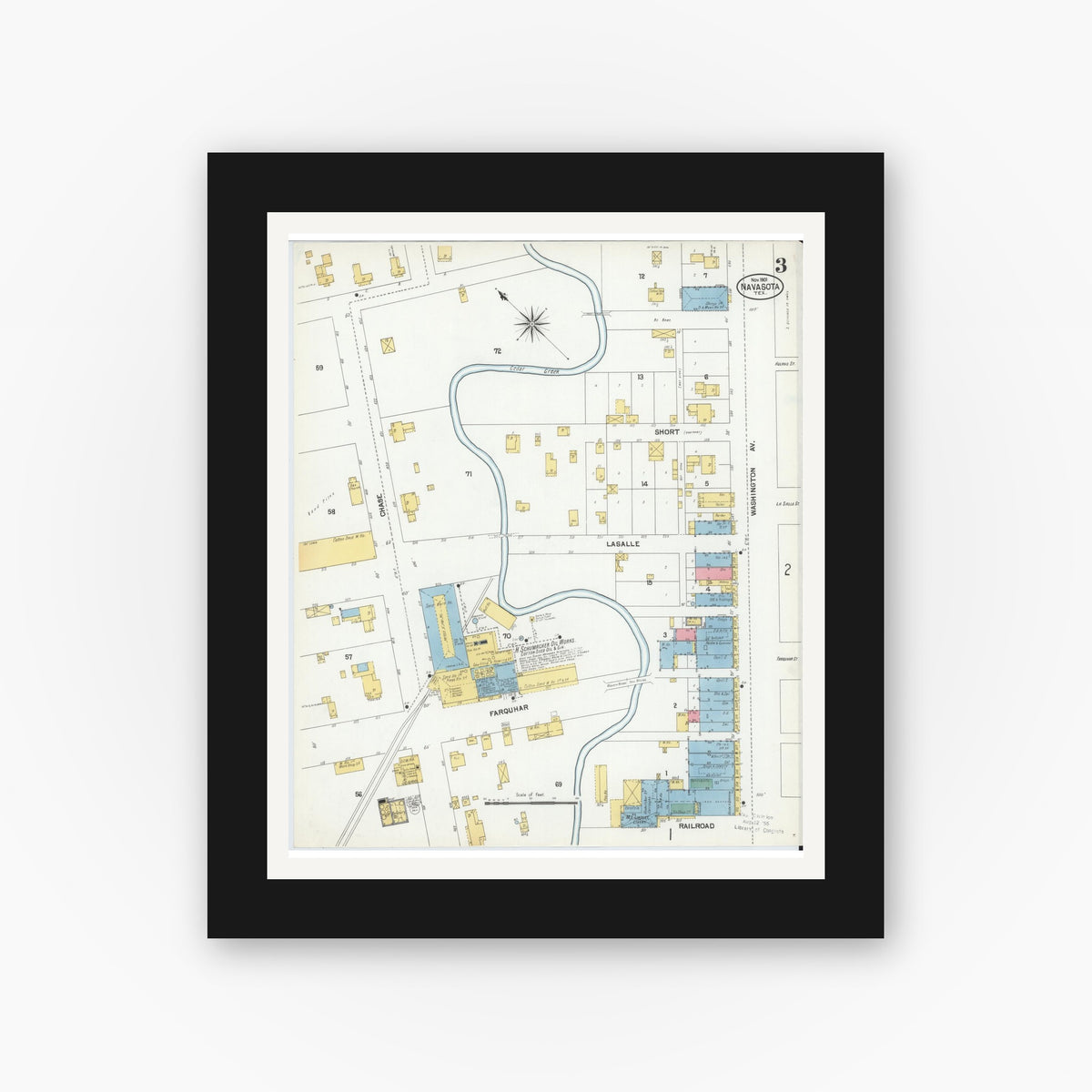 Old map wall art mockup — black gallery frame with white mat — Sanborn Fire Insurance Map from Navasota, Grimes County, Texas (1901), Sheet #0003