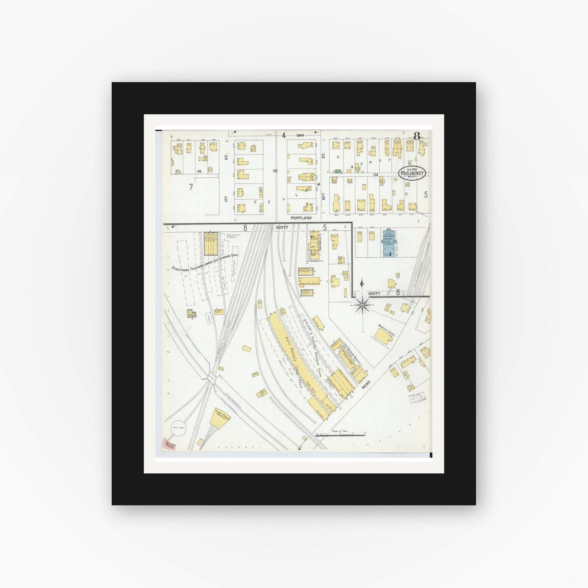 Old map wall art mockup — black gallery frame with white mat — Sanborn Fire Insurance Map from Red Jacket, Houghton County, Michigan (1900), Sheet #0008