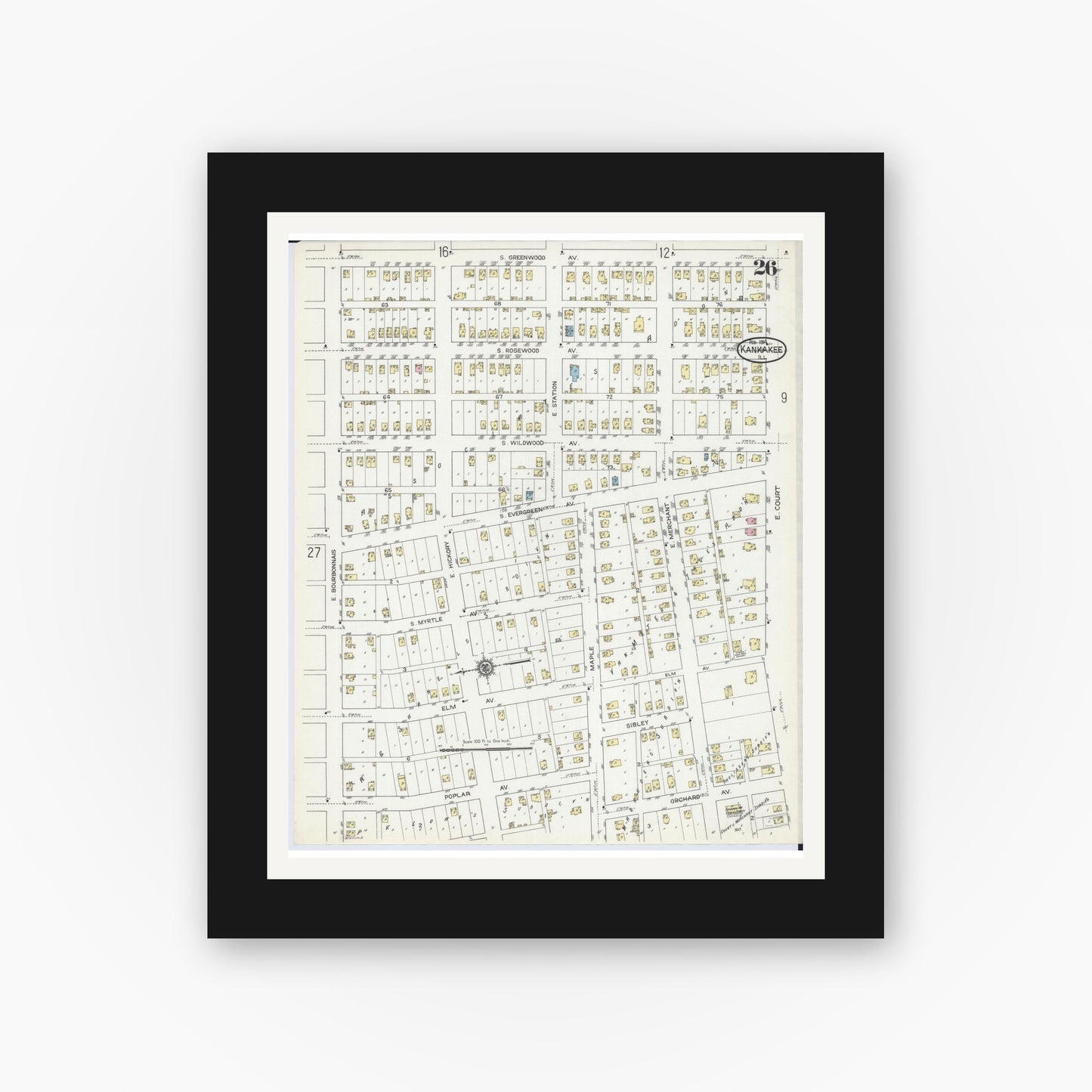 Old map wall art mockup — black gallery frame with white mat — Sanborn Fire Insurance Map from Kankakee, Kankakee County, Illinois (1914), Sheet #0026