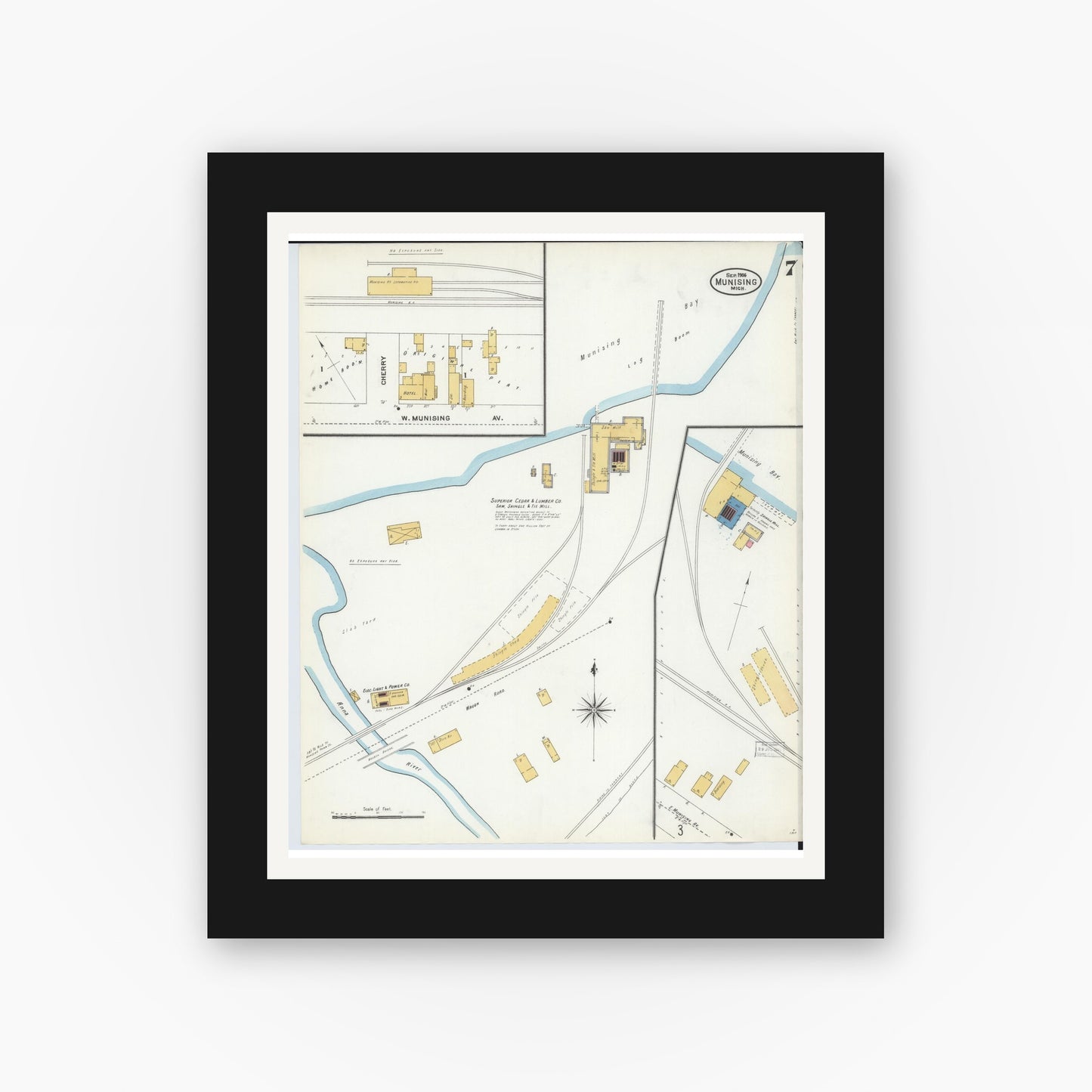 Old map wall art mockup — black gallery frame with white mat — Sanborn Fire Insurance Map from Munising, Alger County, Michigan (1906), Sheet #0007
