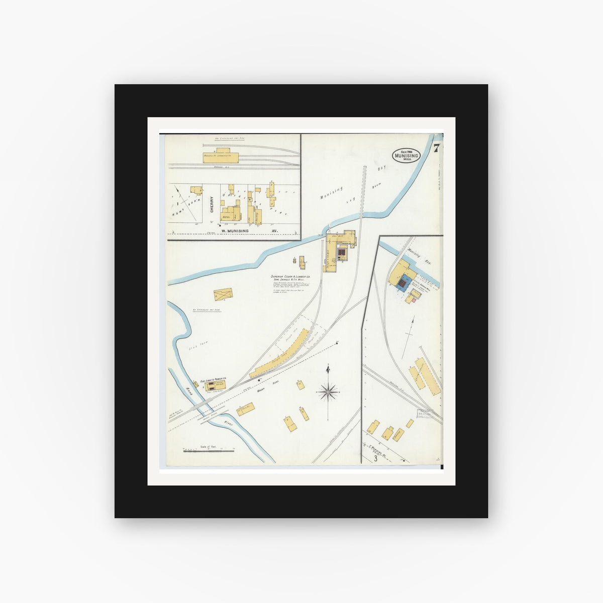 Old map wall art mockup — black gallery frame with white mat — Sanborn Fire Insurance Map from Munising, Alger County, Michigan (1906), Sheet #0007