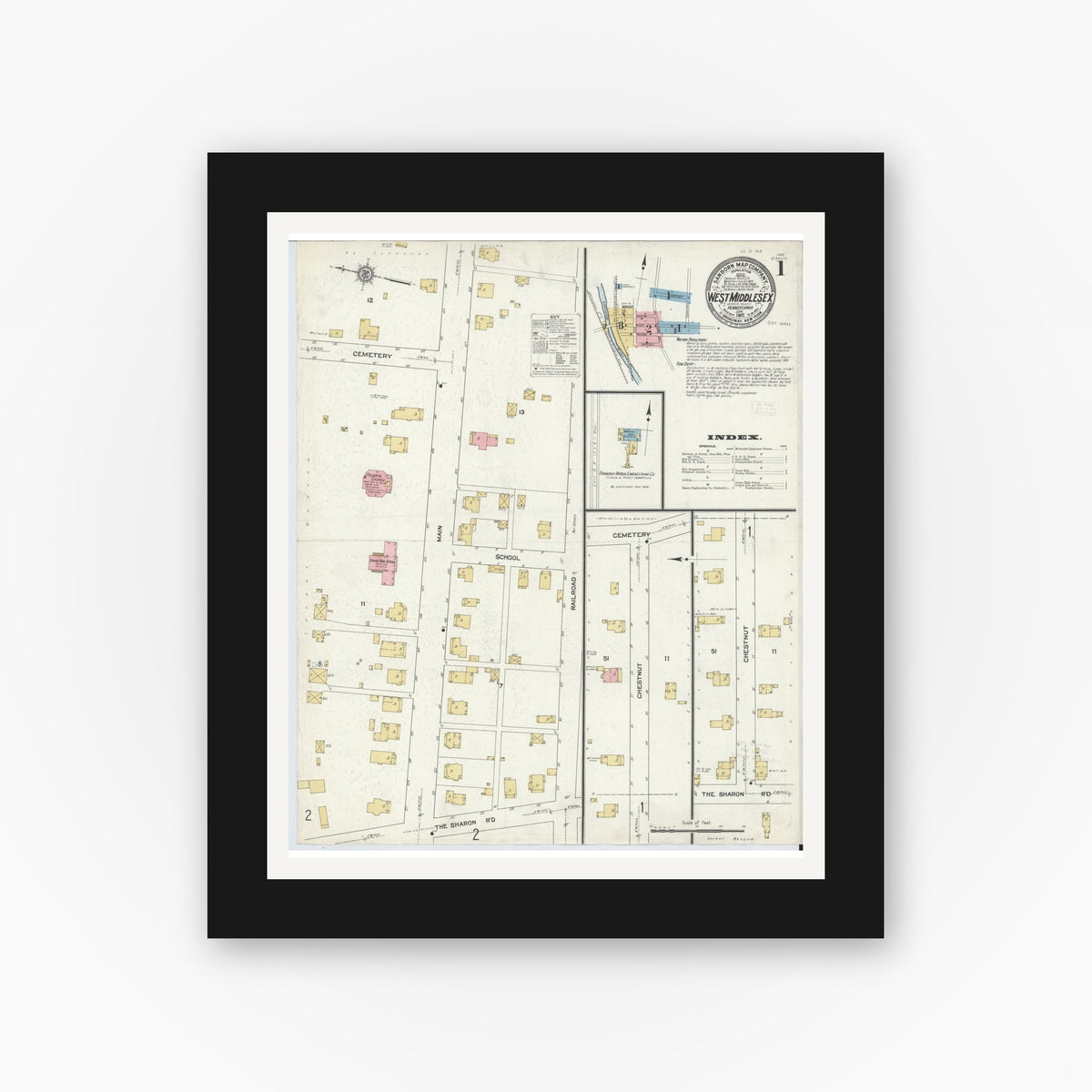 Old map wall art mockup — black gallery frame with white mat — Sanborn Fire Insurance Map from West Middlesex, Mercer County, Pennsylvania (1912), Sheet #0001