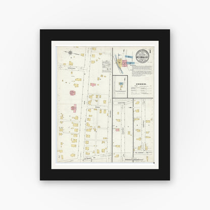 Old map wall art mockup — black gallery frame with white mat — Sanborn Fire Insurance Map from West Middlesex, Mercer County, Pennsylvania (1912), Sheet #0001