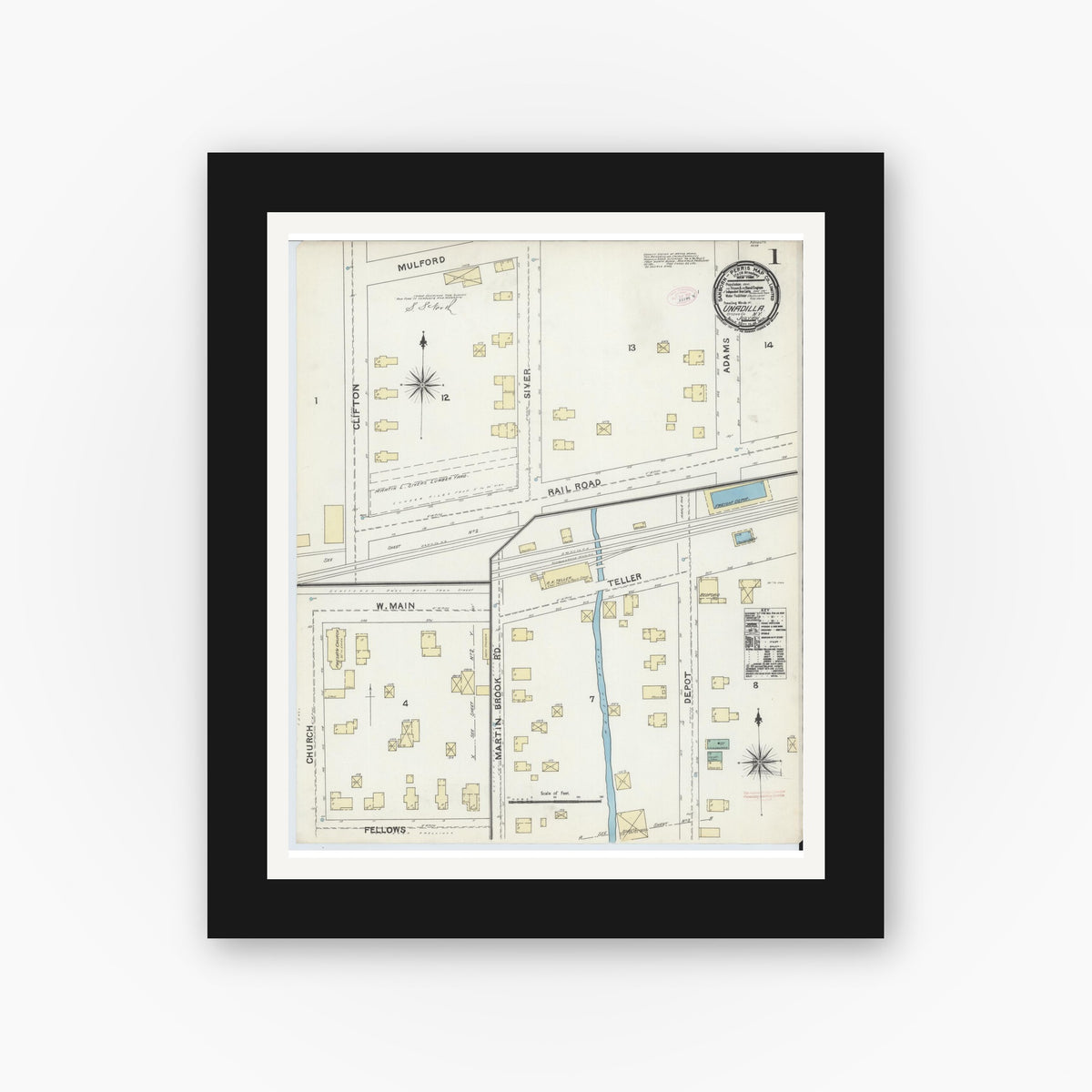 Old map wall art mockup — black gallery frame with white mat — Sanborn Fire Insurance Map from Unadilla, Otsego County, New York (1891) - Complete Map Set