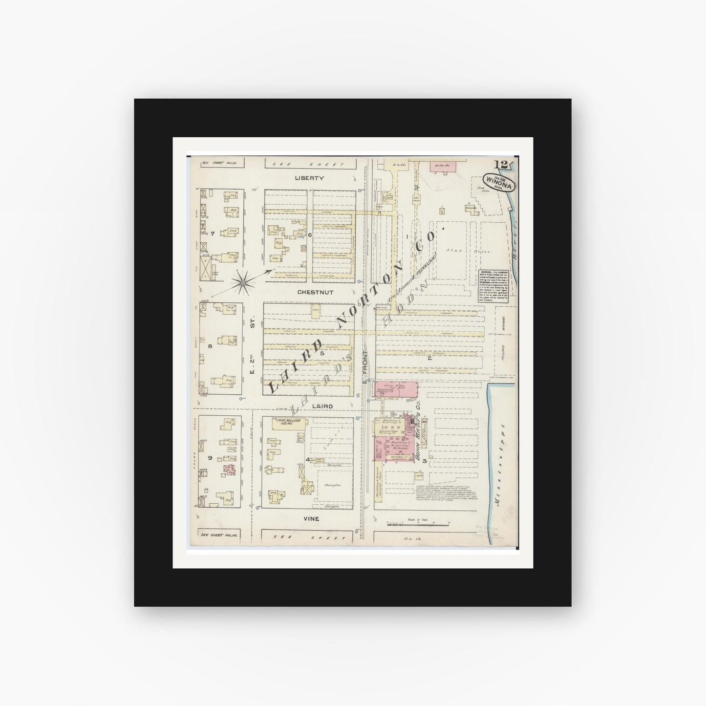 Old map wall art mockup — black gallery frame with white mat — Sanborn Fire Insurance Map from Winona, Winona County, Minnesota (1884), Sheet #0012