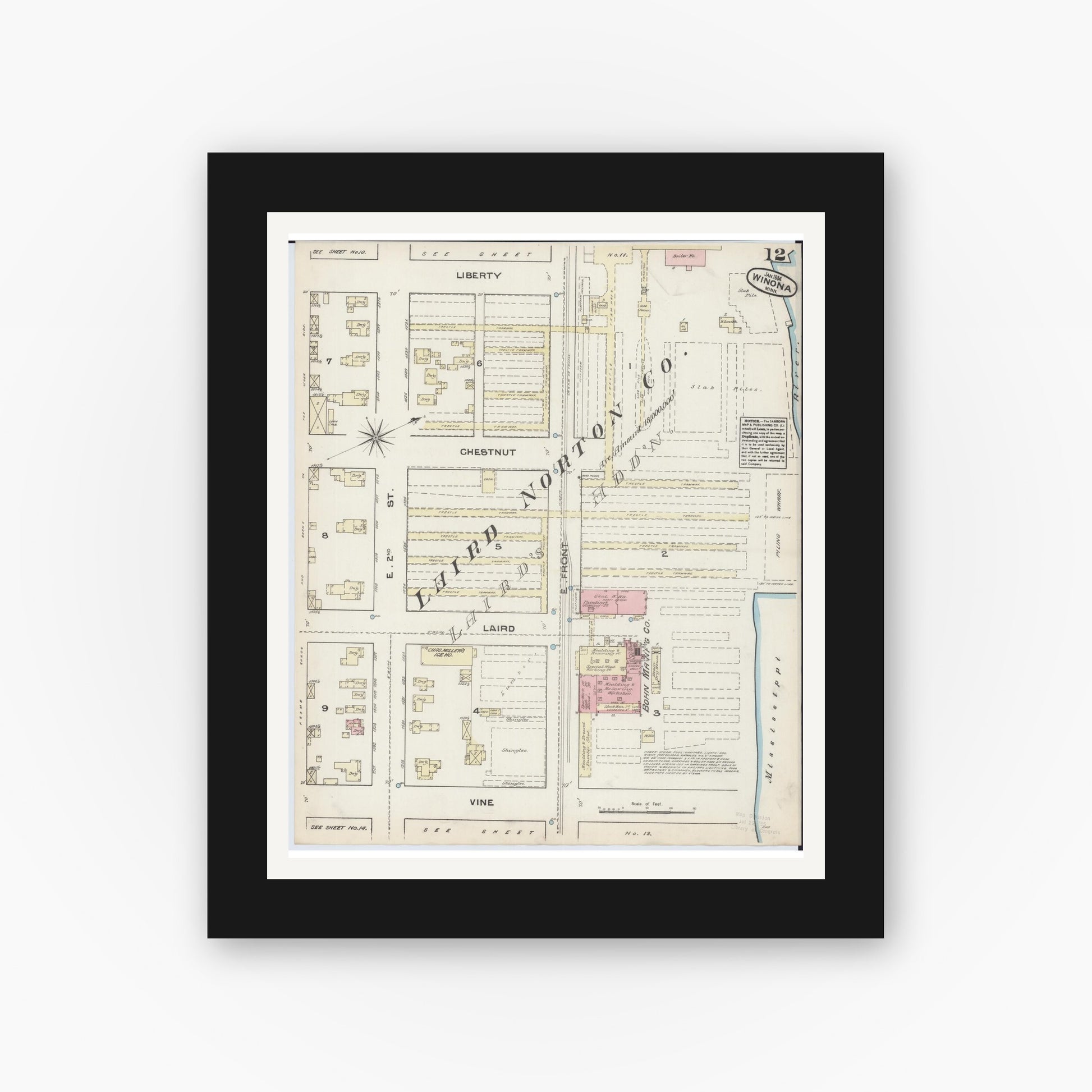 Old map wall art mockup — black gallery frame with white mat — Sanborn Fire Insurance Map from Winona, Winona County, Minnesota (1884), Sheet #0012