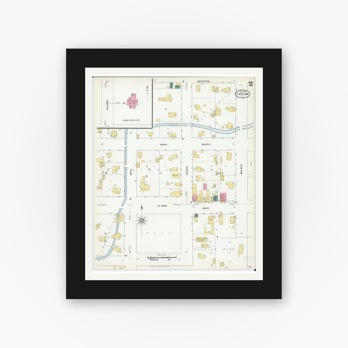 Old map wall art mockup — black gallery frame with white mat — Sanborn Fire Insurance Map from Tiskilwa, Bureau County, Illinois (1909), Sheet #0002