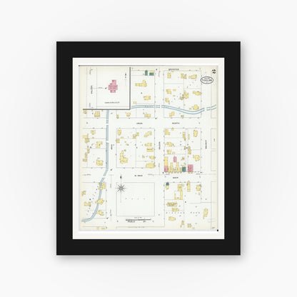 Old map wall art mockup — black gallery frame with white mat — Sanborn Fire Insurance Map from Tiskilwa, Bureau County, Illinois (1909), Sheet #0002