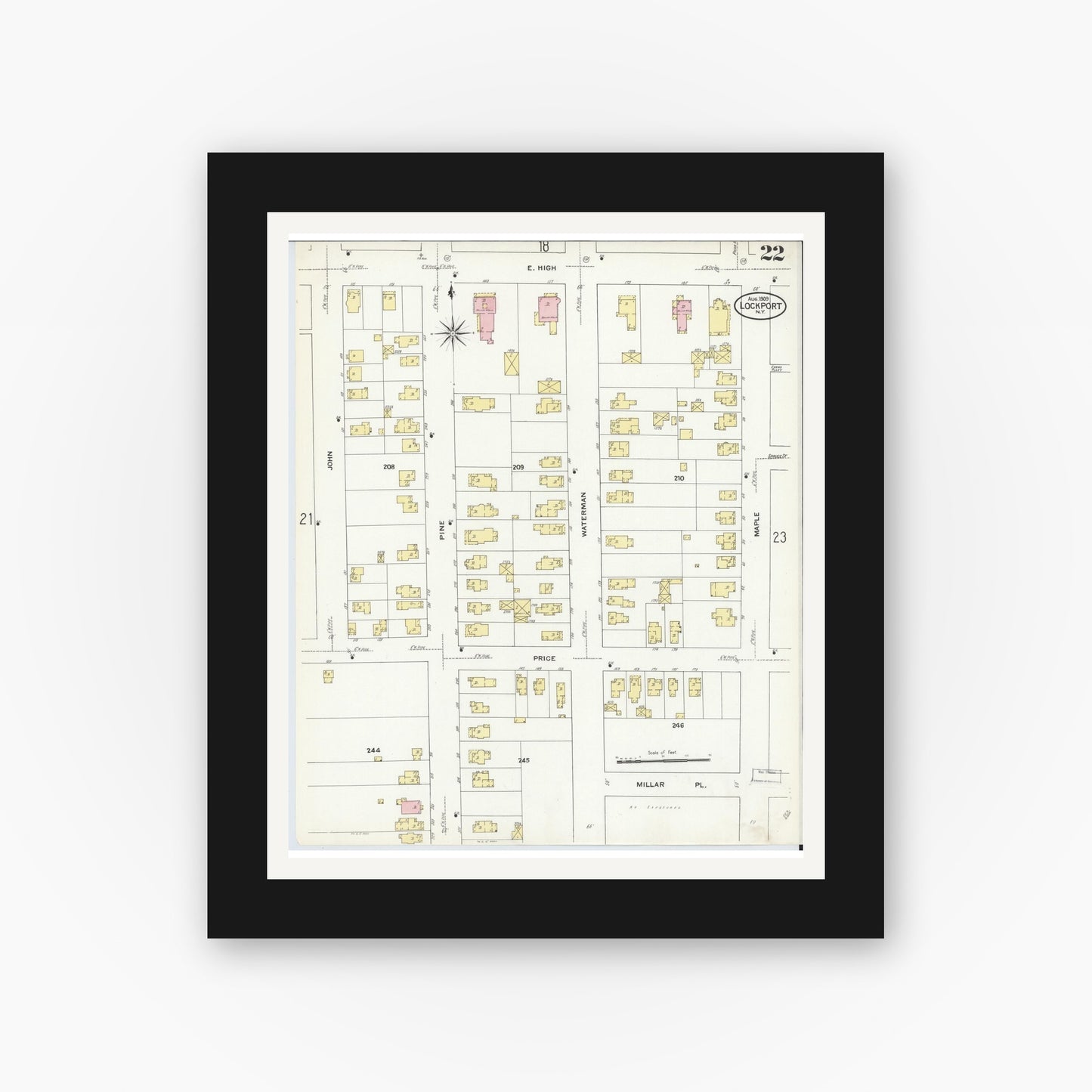 Old map wall art mockup — black gallery frame with white mat — Sanborn Fire Insurance Map from Lockport, Niagara County, New York (1909), Sheet #0022