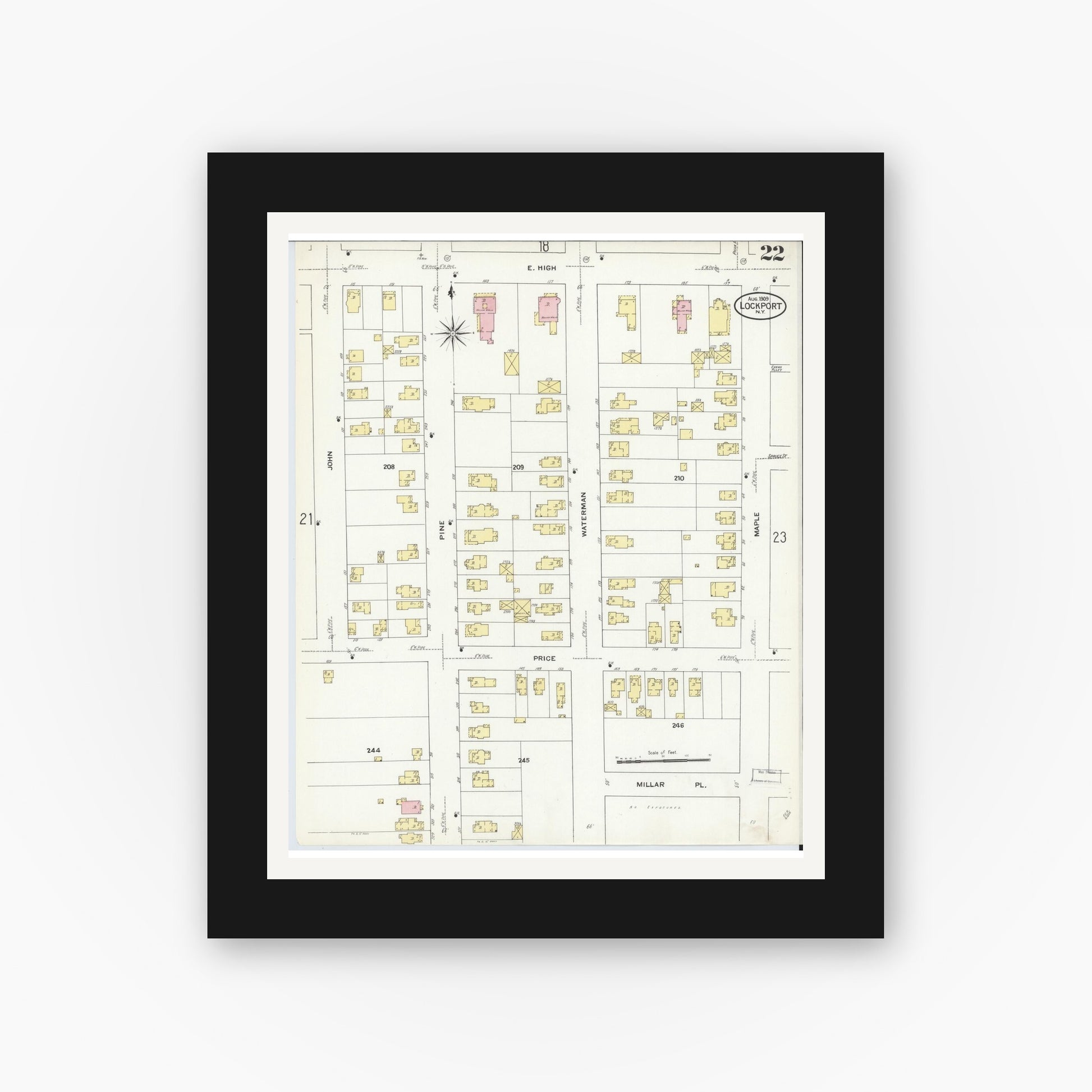 Old map wall art mockup — black gallery frame with white mat — Sanborn Fire Insurance Map from Lockport, Niagara County, New York (1909), Sheet #0022