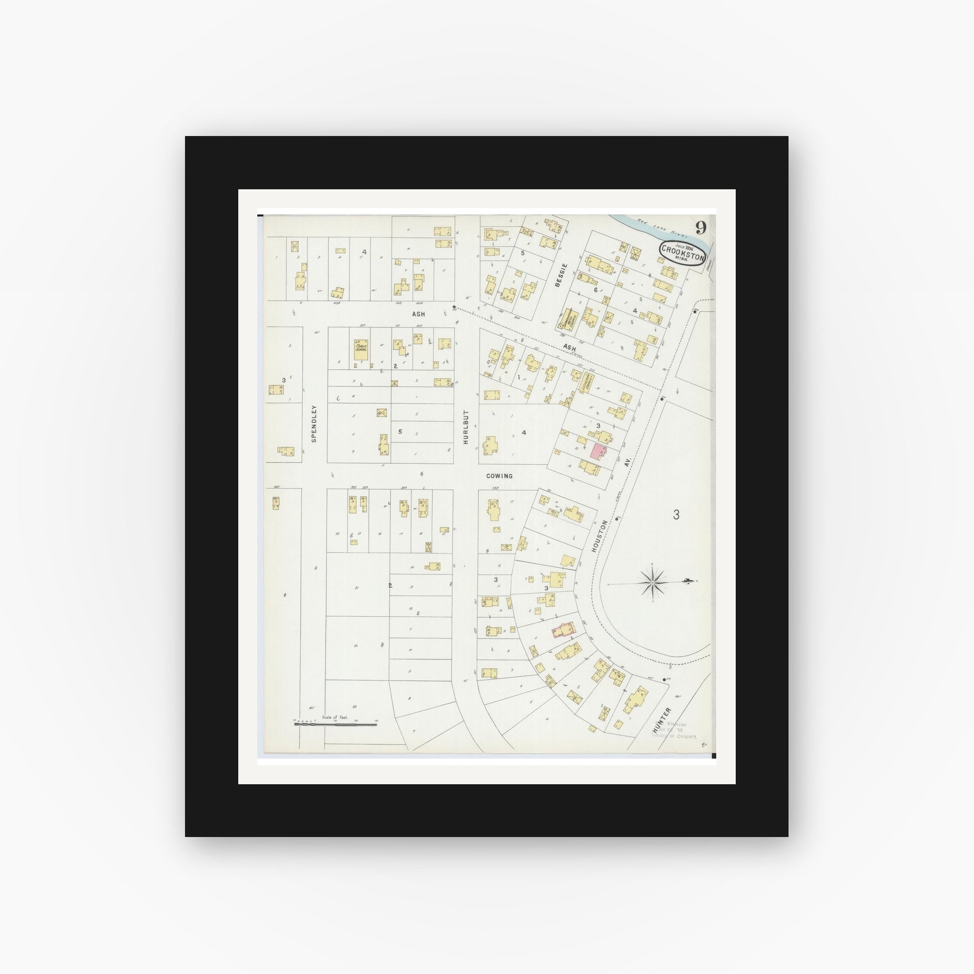 Old map wall art mockup — black gallery frame with white mat — Sanborn Fire Insurance Map from Crookston, Polk County, Minnesota (1896), Sheet #0009