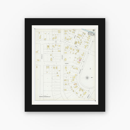 Old map wall art mockup — black gallery frame with white mat — Sanborn Fire Insurance Map from Crookston, Polk County, Minnesota (1896), Sheet #0009