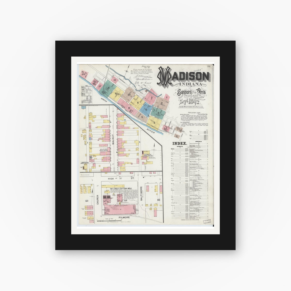 Old map wall art mockup — black gallery frame with white mat — Sanborn Fire Insurance Map from Madison, Jefferson County, Indiana (1892) - Complete Map Set