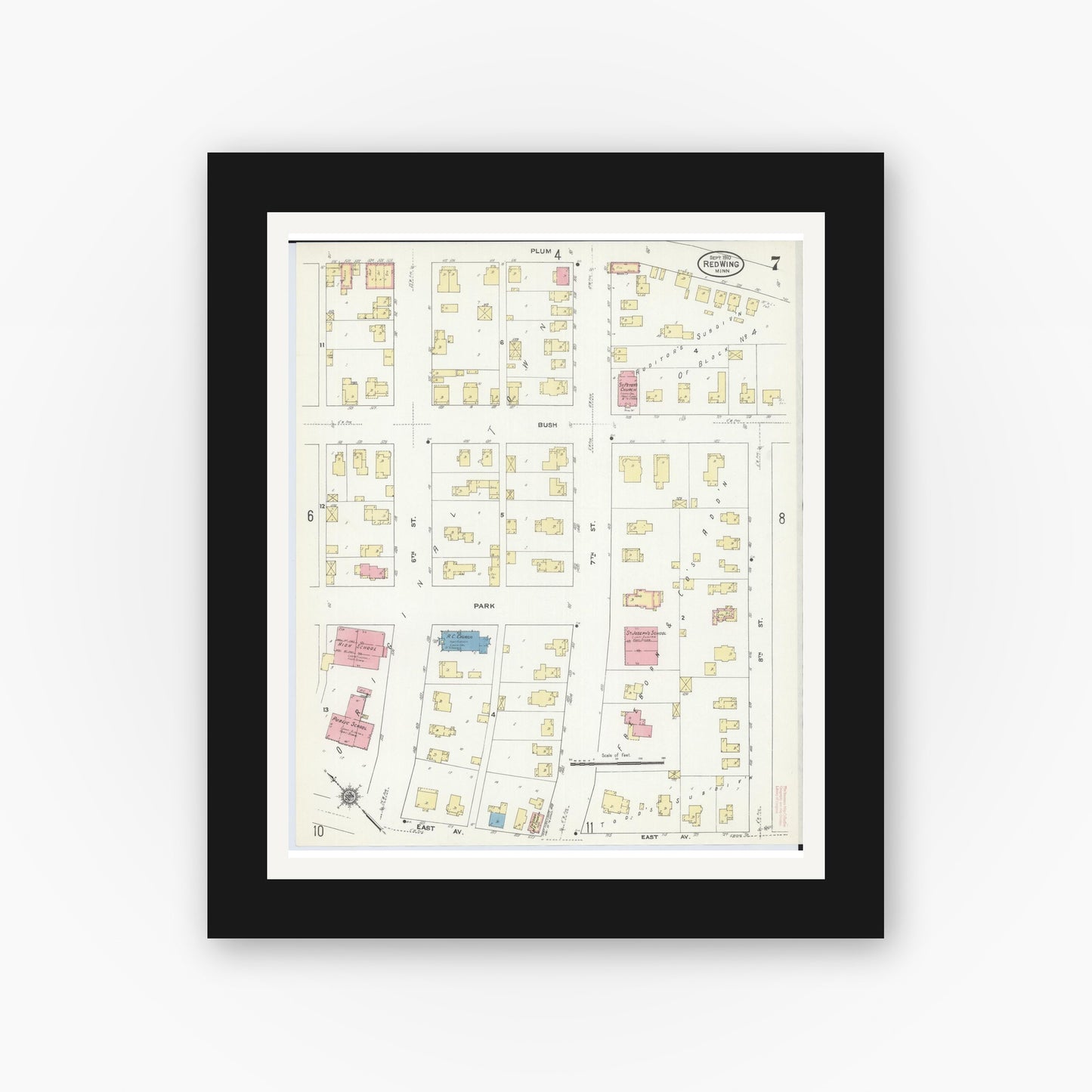 Old map wall art mockup — black gallery frame with white mat — Sanborn Fire Insurance Map from Red Wing, Goodhue County, Minnesota (1910), Sheet #0007