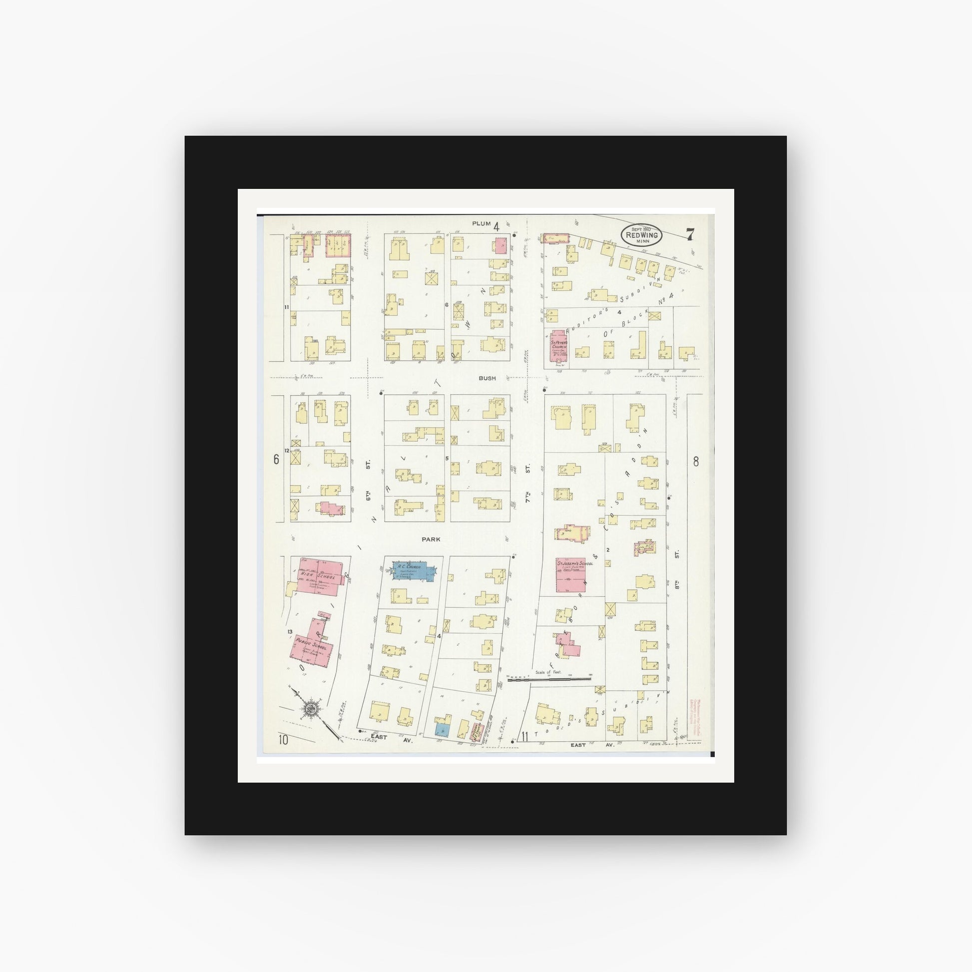 Old map wall art mockup — black gallery frame with white mat — Sanborn Fire Insurance Map from Red Wing, Goodhue County, Minnesota (1910), Sheet #0007