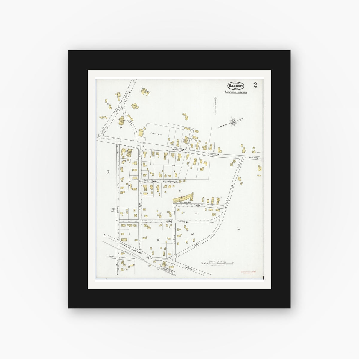 Old map wall art mockup — black gallery frame with white mat — Sanborn Fire Insurance Map from Holliston, Middlesex County, Massachusetts (1919), Sheet #0002