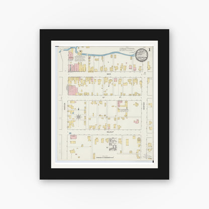 Old map wall art mockup — black gallery frame with white mat — Sanborn Fire Insurance Map from Cardington, Morrow County, Ohio (1892), Sheet #0001