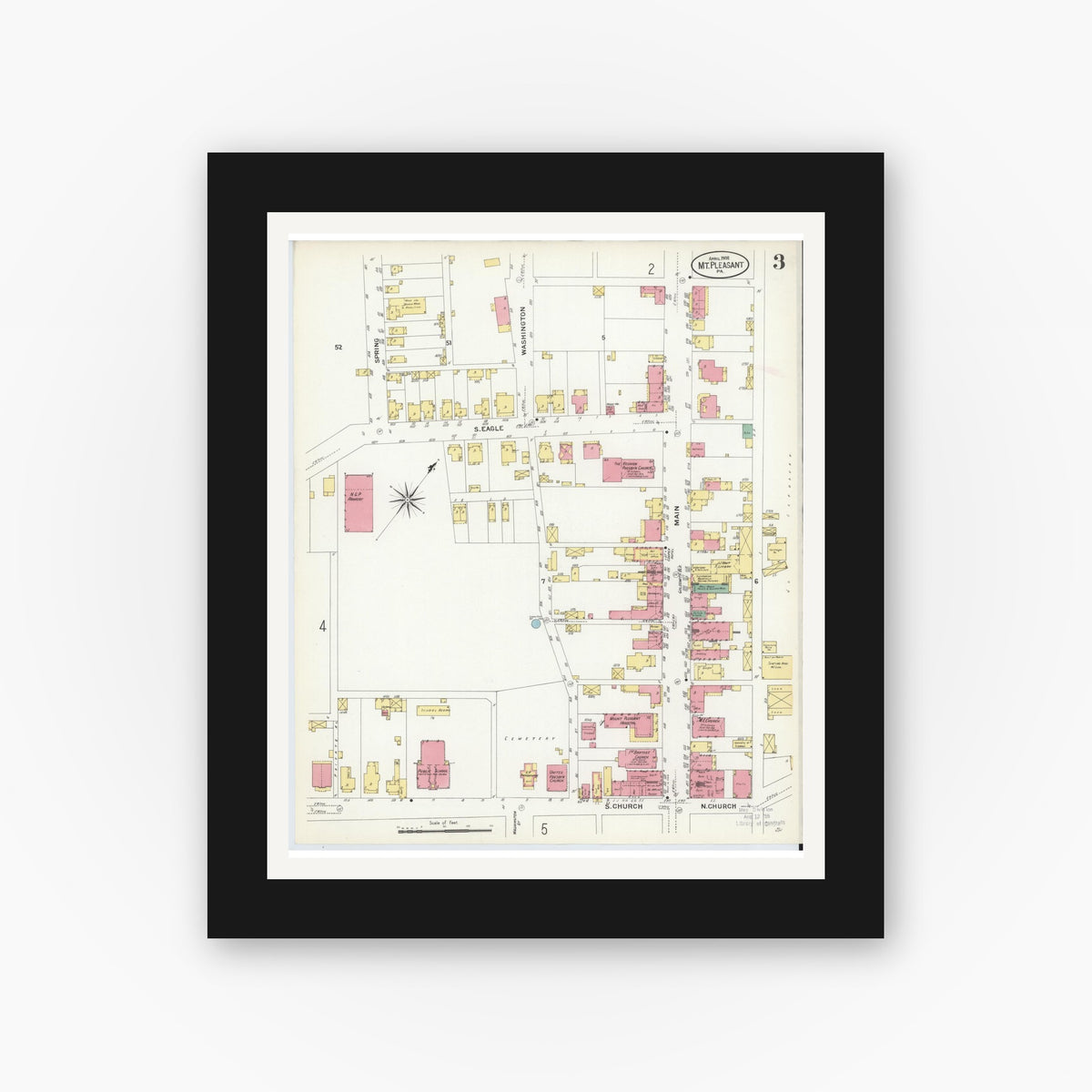 Old map wall art mockup — black gallery frame with white mat — Sanborn Fire Insurance Map from Mount Pleasant, Westmoreland County, Pennsylvania (1908), Sheet #0003