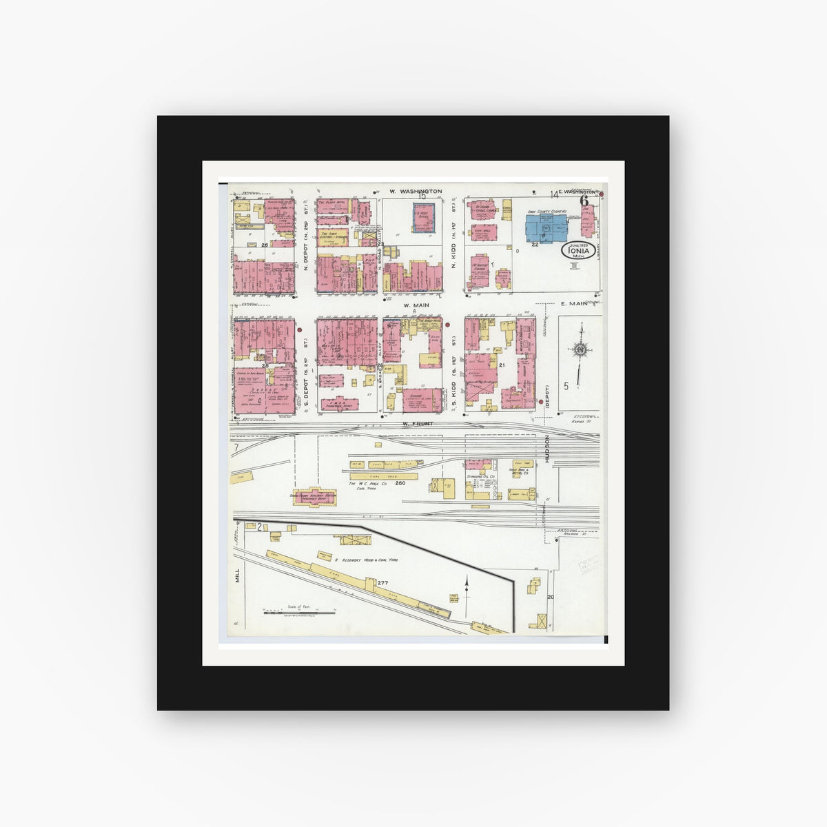 Old map wall art mockup — black gallery frame with white mat — Sanborn Fire Insurance Map from Ionia, Ionia County, Michigan (1920), Sheet #0006