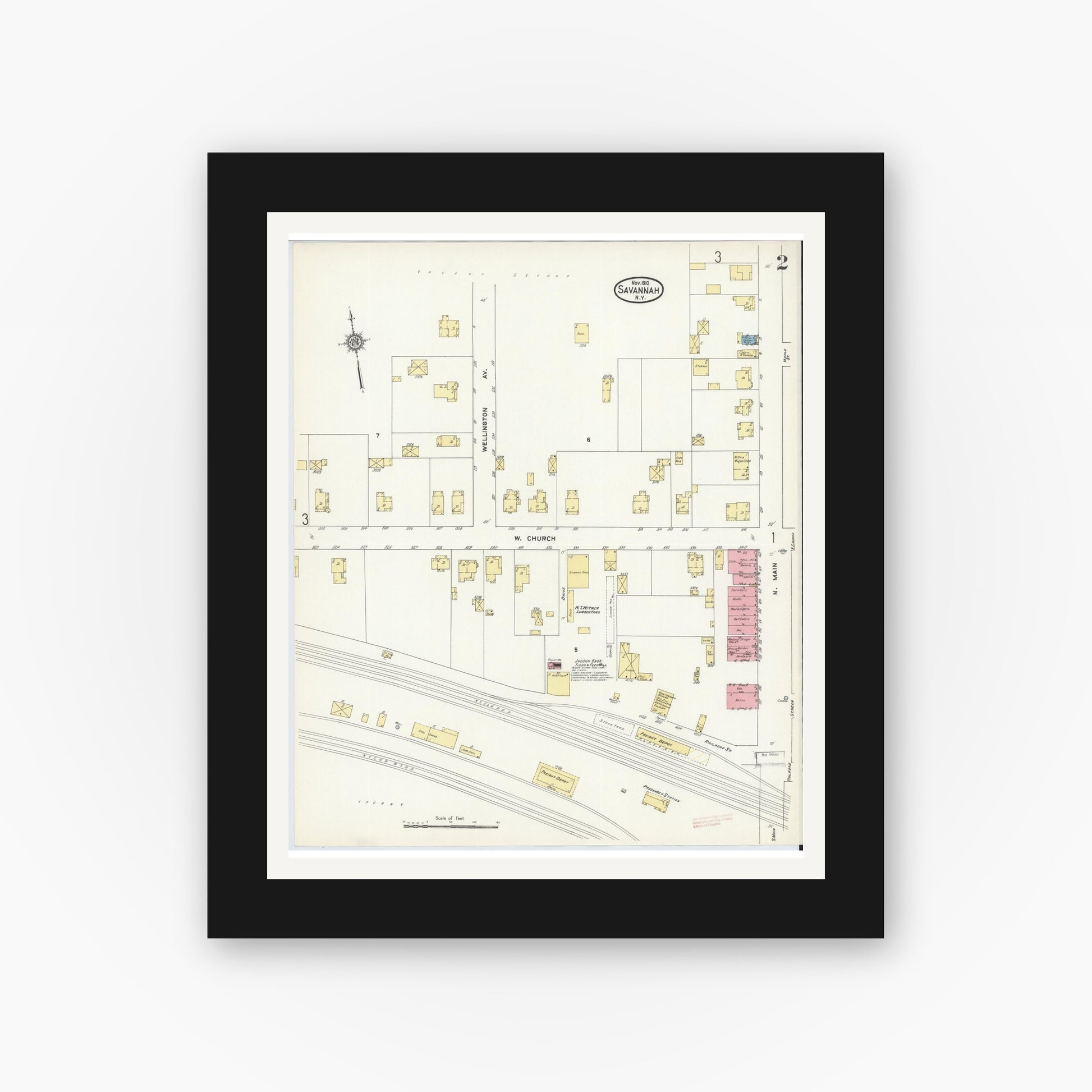 Old map wall art mockup — black gallery frame with white mat — Sanborn Fire Insurance Map from Savannah, Wayne County, New York (1910), Sheet #0002