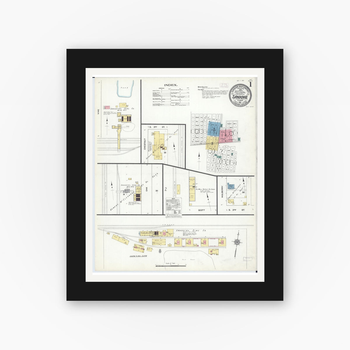 Old map wall art mockup — black gallery frame with white mat — Sanborn Fire Insurance Map from Sandoval, Marion County, Illinois (1912) - Complete Map Set